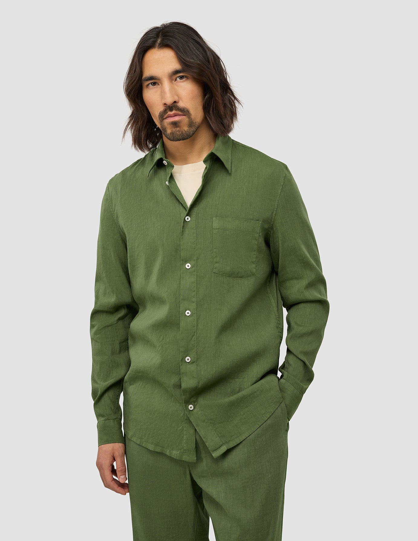 Refined Linen Long Sleeve Shirt Clover Green